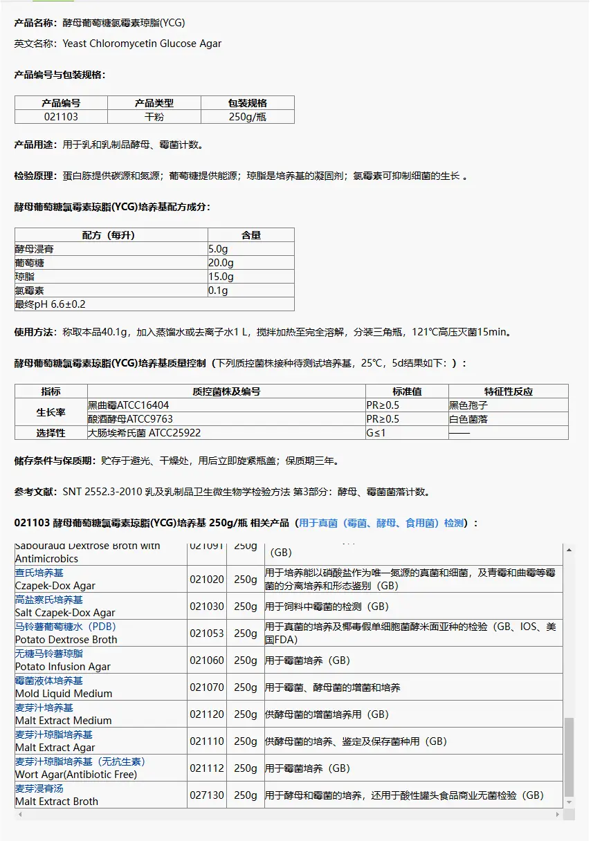 021103 酵母葡萄糖氯霉素琼脂 250g/瓶