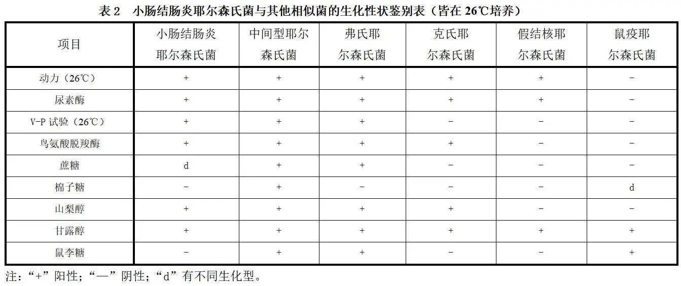 小肠结肠炎耶尔森氏菌与其他相似菌的生化性状鉴别表