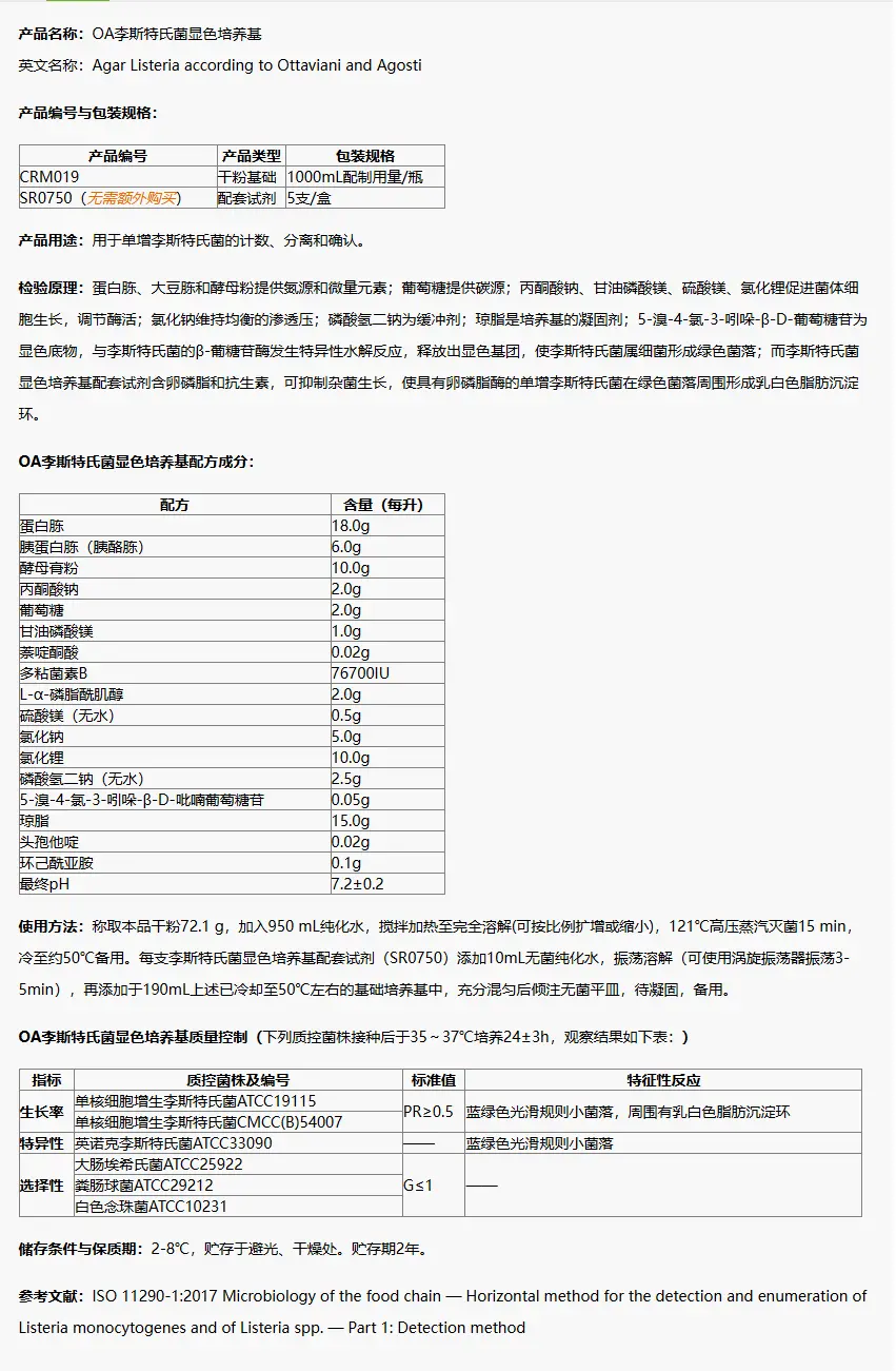CRM019 OA李斯特氏菌显色培养基(ISO) 1000mL/瓶