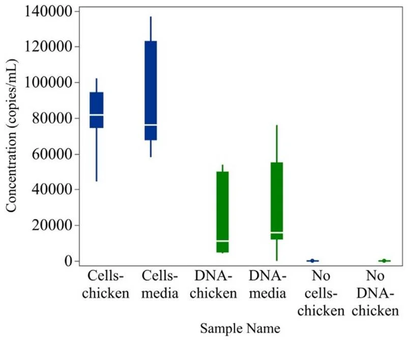利用 ddPCR 测定不同基质中全细胞和 DNA 提取物的沙门氏菌丰度比较