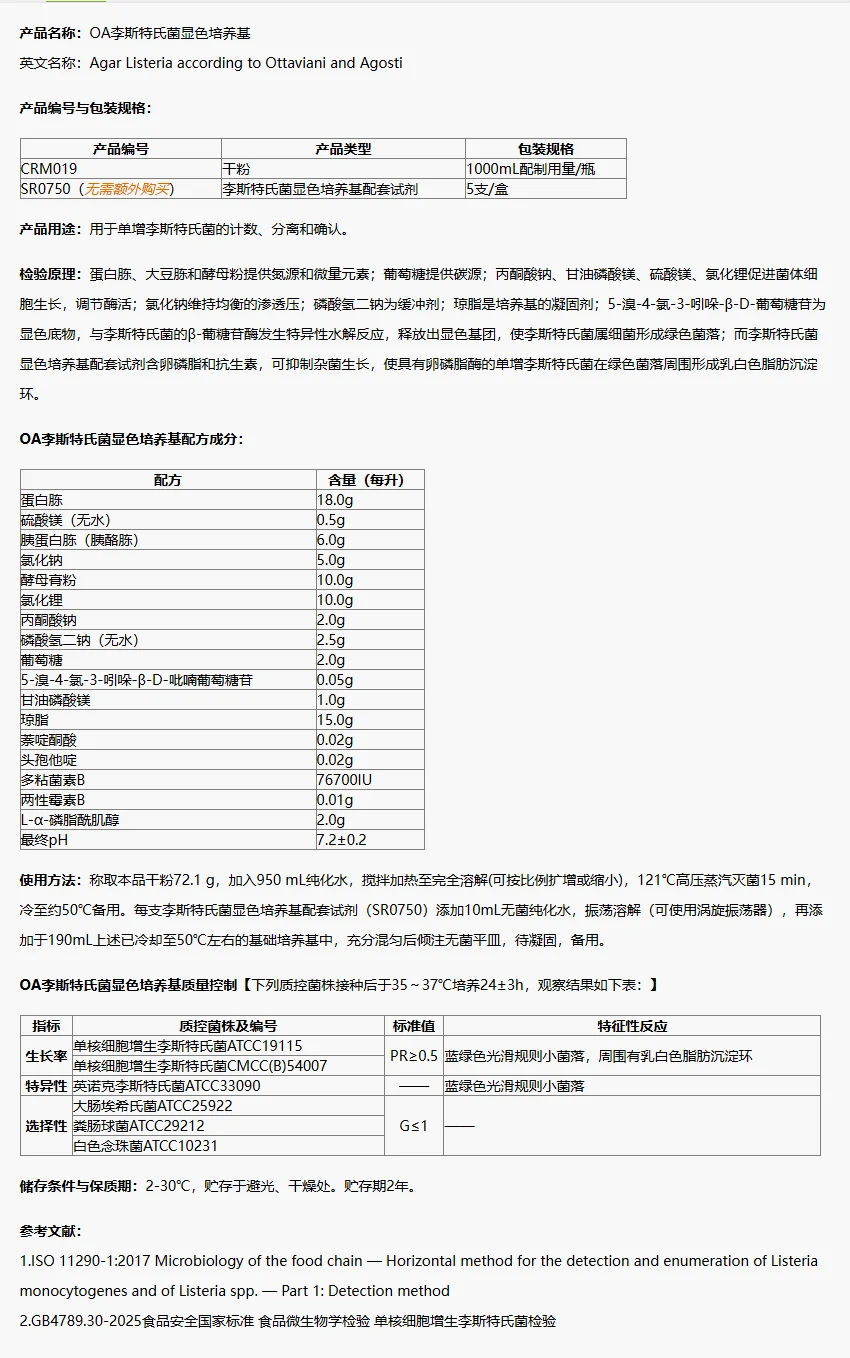 CRM019 OA李斯特氏菌显色培养基(ISO) 1000mL/瓶